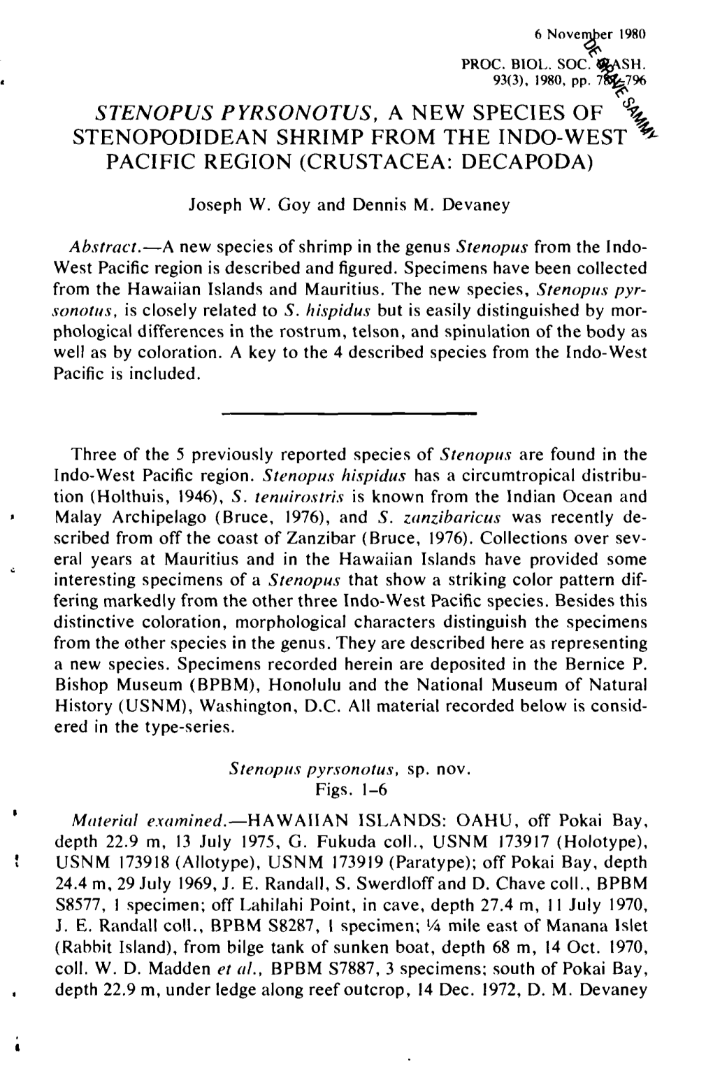 Stenopus Pyrsonotus, a New Species of \ Stenopodidean Shrimp from the Indo-West ^ Pacific Region (Crustacea: Decapoda)