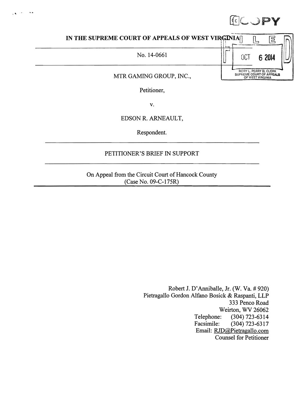 Petitioner's Brief, MTR Gaming Group, Inc. V. Edson R. Arneault, No. 14