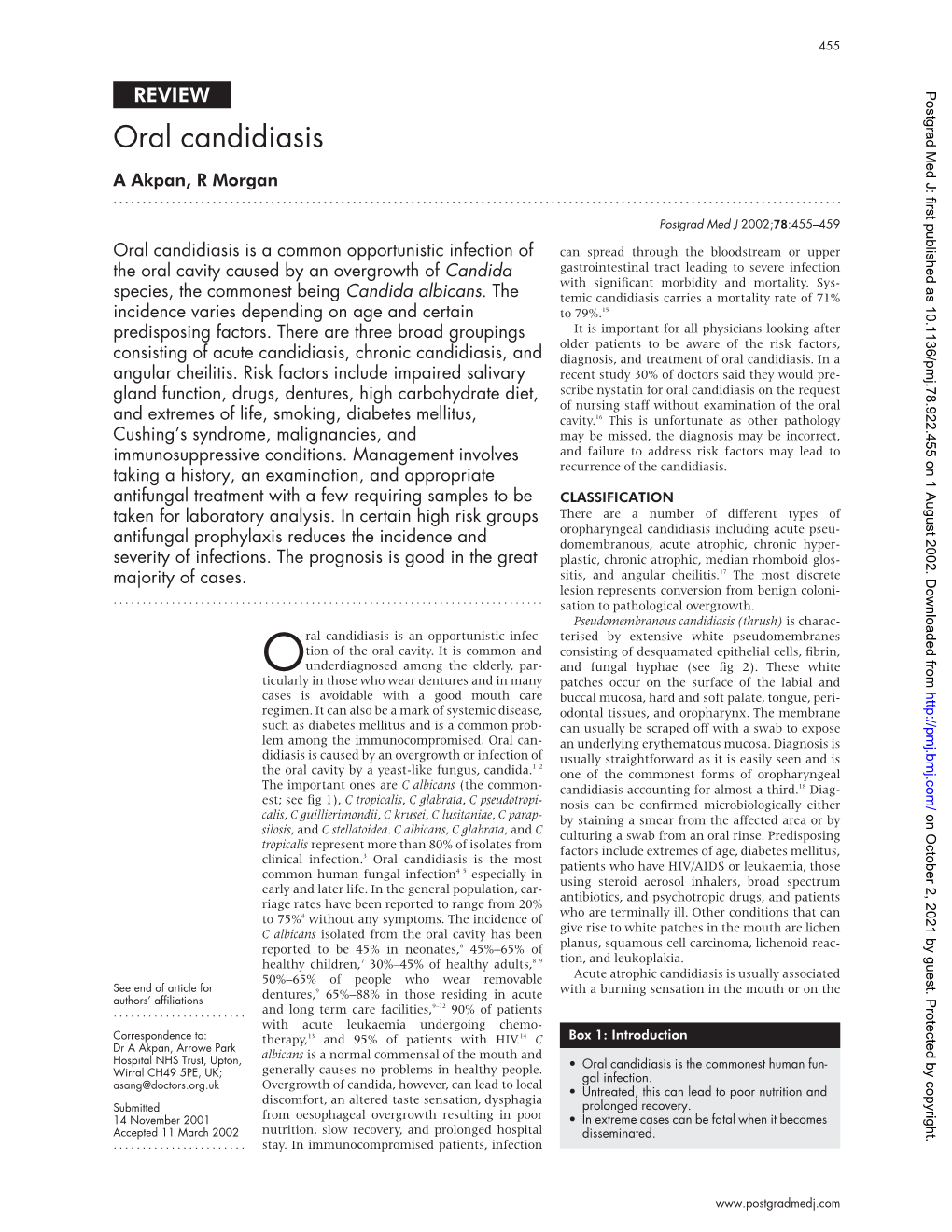 Oral Candidiasis a Akpan, R Morgan