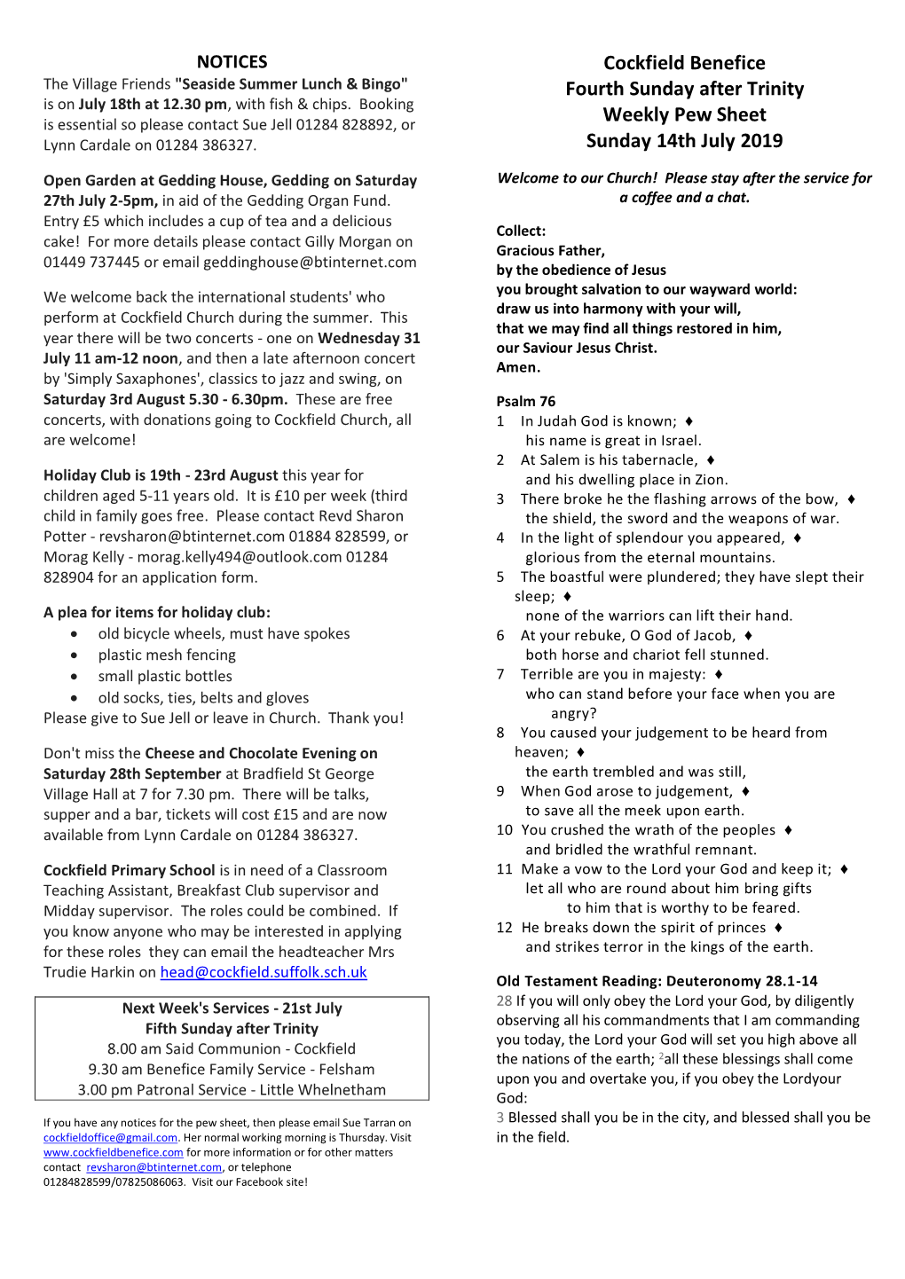 Cockfield Benefice Fourth Sunday After Trinity Weekly Pew Sheet