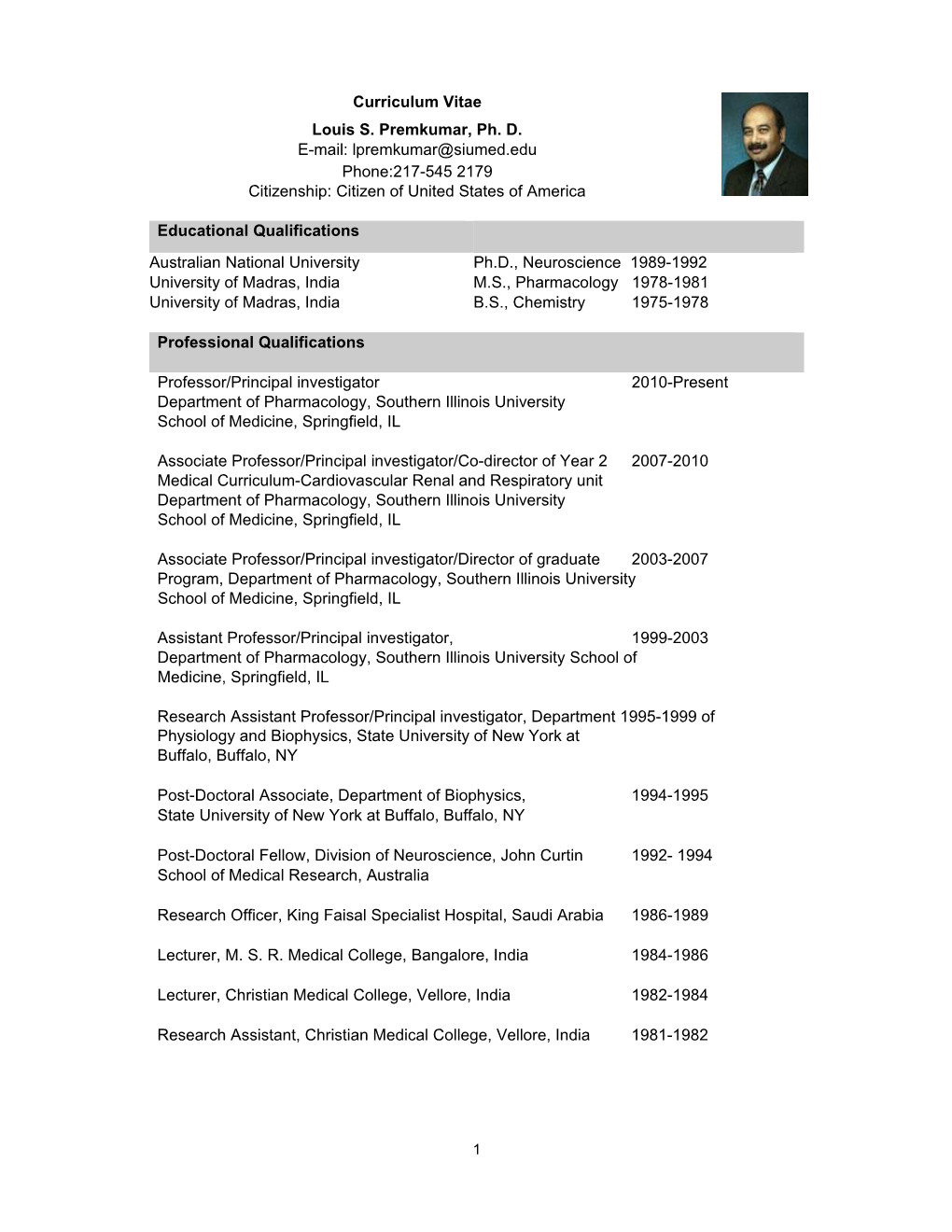 Curriculum Vitae Louis S. Premkumar, Ph