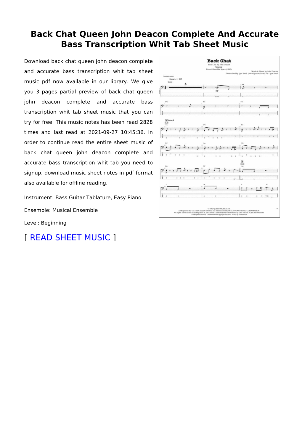 Back Chat Queen John Deacon Complete and Accurate Bass Transcription Whit Tab Sheet Music
