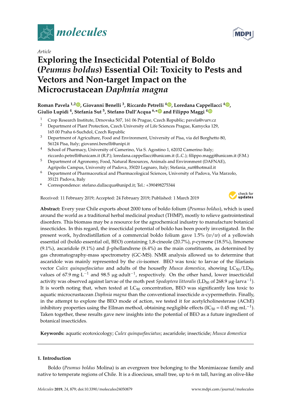 Exploring the Insecticidal Potential of Boldo (Peumus Boldus) Essential Oil: Toxicity to Pests and Vectors and Non-Target Impact on the Microcrustacean Daphnia Magna