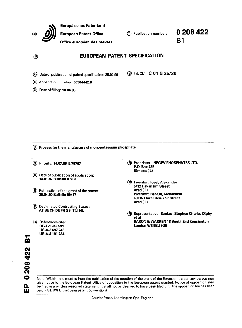 Process for the Manufacture of Monopotassium Phosphate