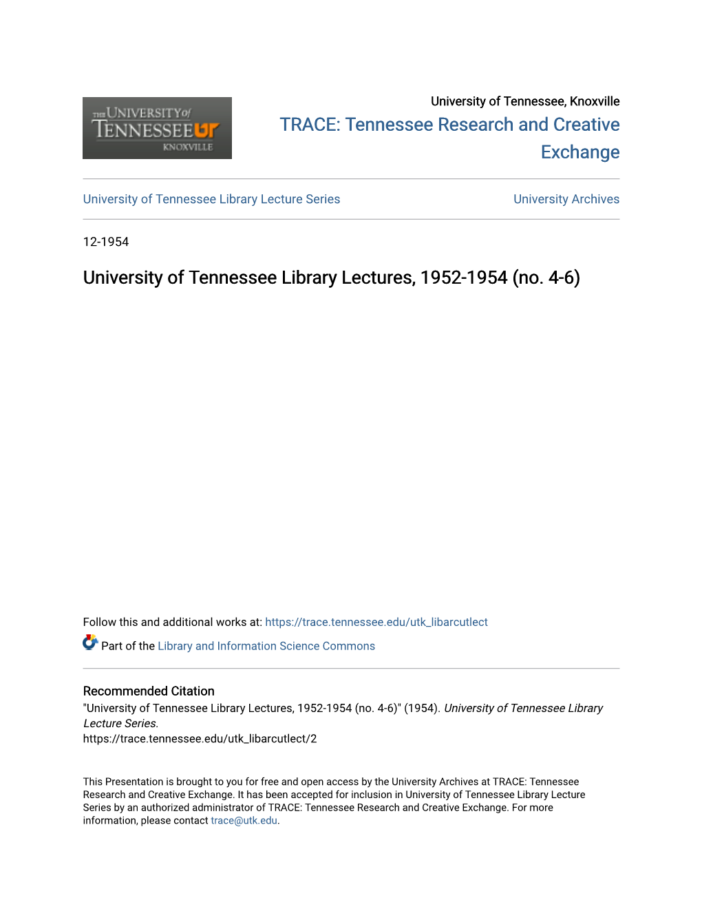 University of Tennessee Library Lectures, 1952-1954 (No. 4-6)