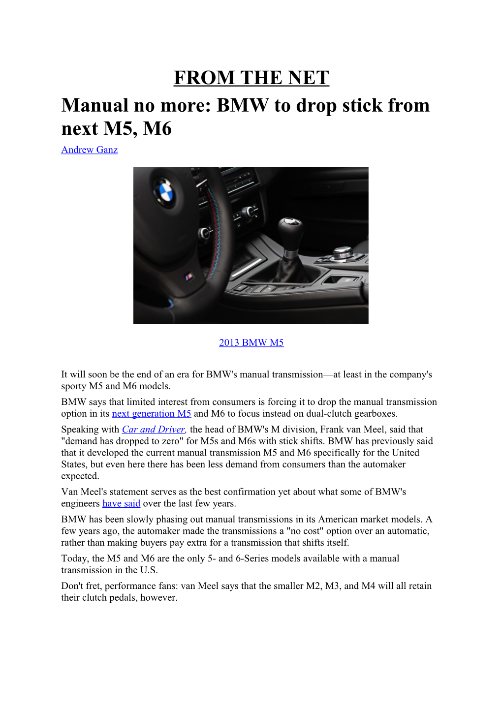 Manual No More: BMW to Drop Stick from Next M5, M6