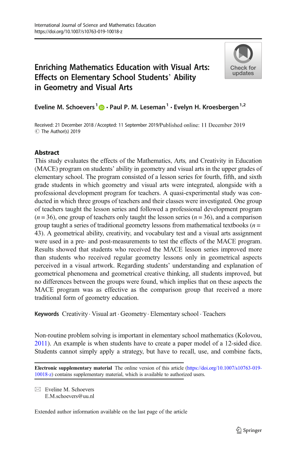 Enriching Mathematics Education with Visual Arts: Effects on Elementary School Students` Ability in Geometry and Visual Arts