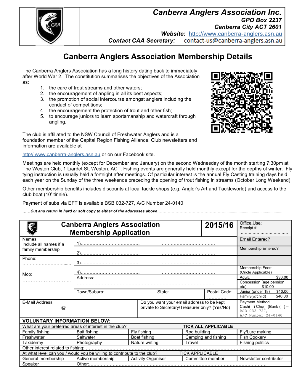 Canberra Anglers Association Membership Details