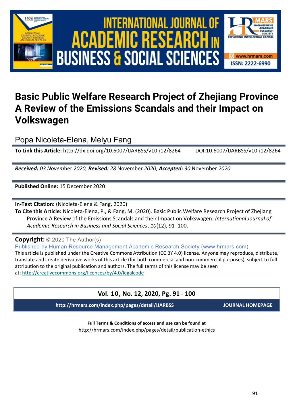 Basic Public Welfare Research Project of Zhejiang Province a Review of the Emissions Scandals and Their Impact on Volkswagen