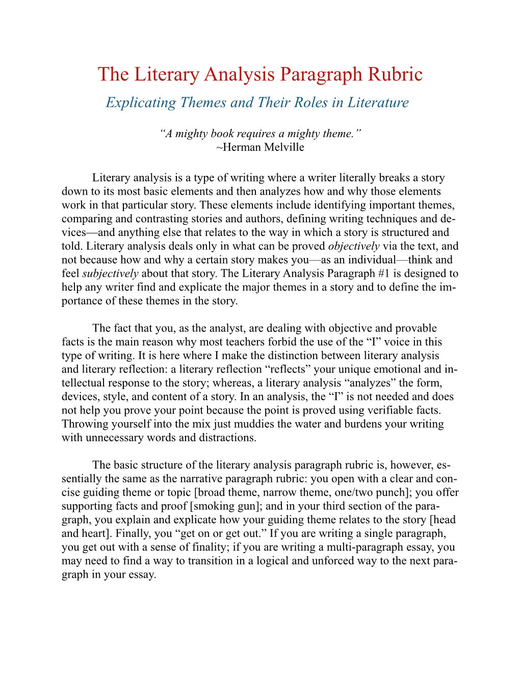 The Literary Analysis Paragraph Rubric