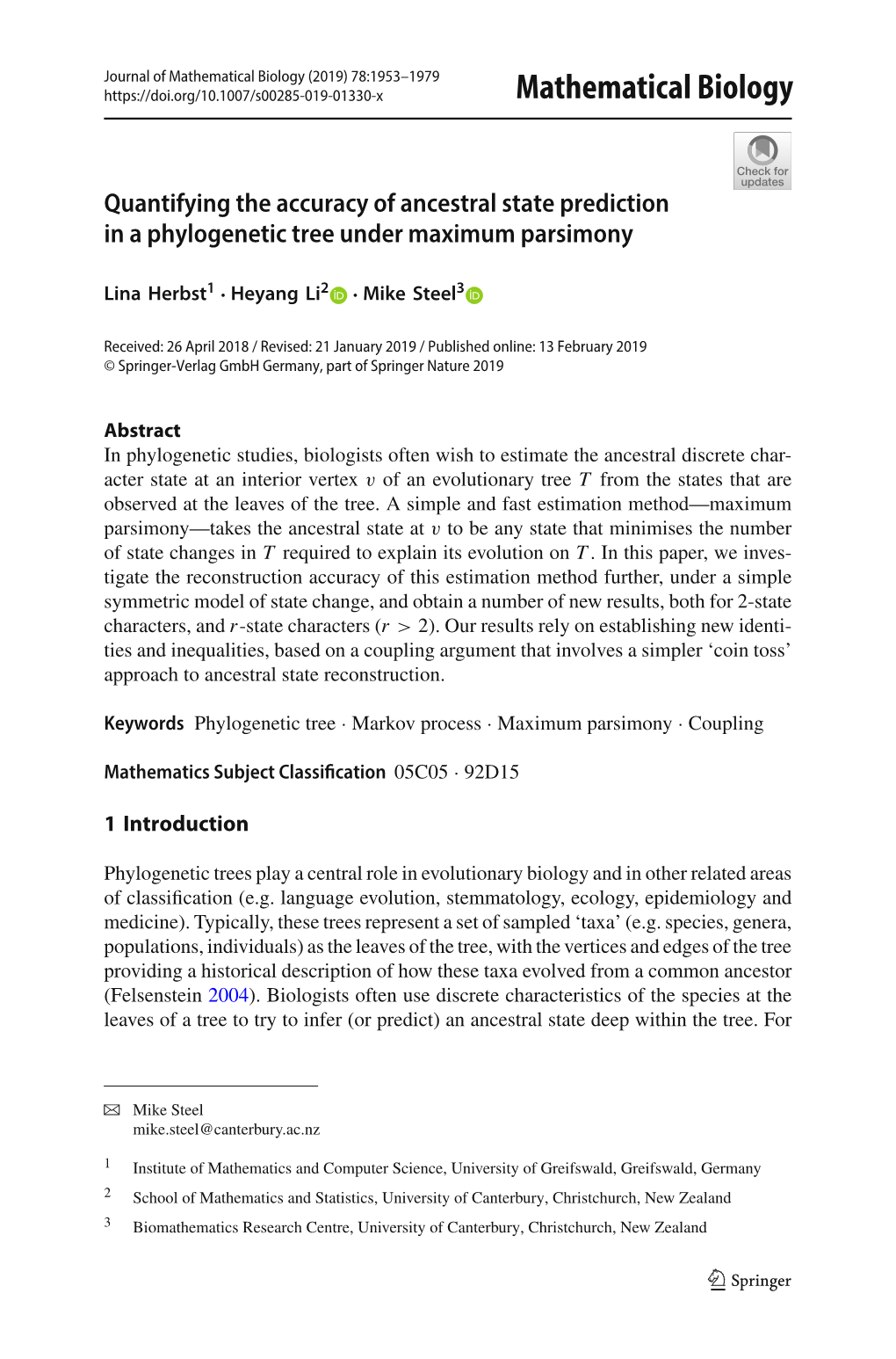 Quantifying the Accuracy of Ancestral State Prediction in a Phylogenetic Tree Under Maximum Parsimony