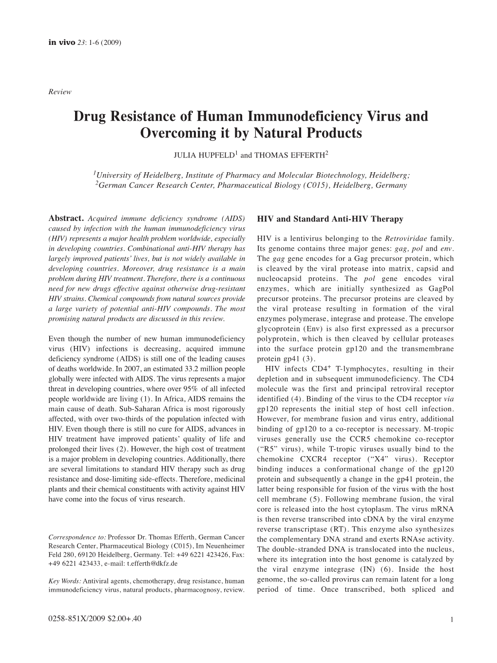 Drug Resistance of Human Immunodeficiency Virus and Overcoming It by Natural Products