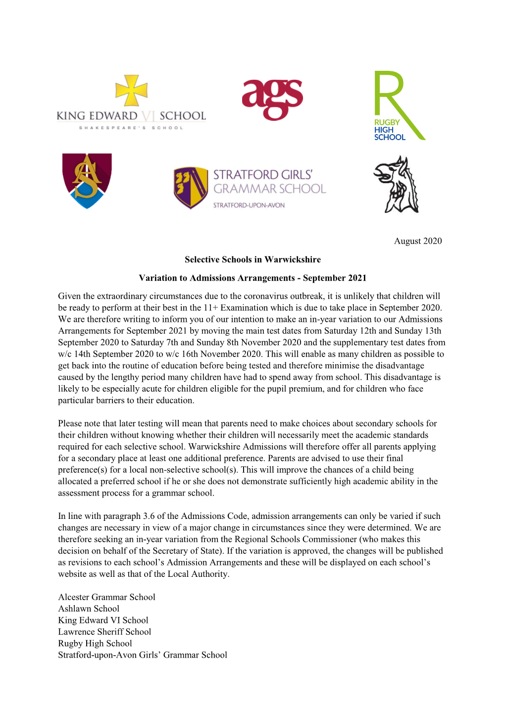 August 2020 Selective Schools in Warwickshire Variation To