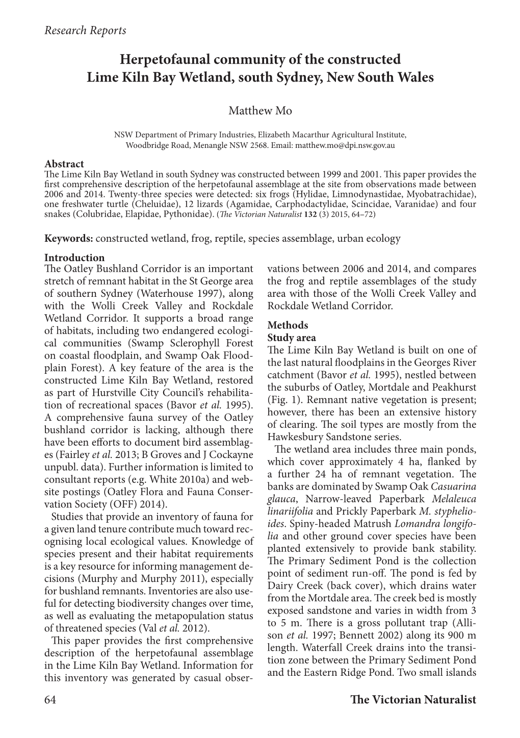 Herpetofaunal Community of the Constructed Lime Kiln Bay Wetland, South Sydney, New South Wales