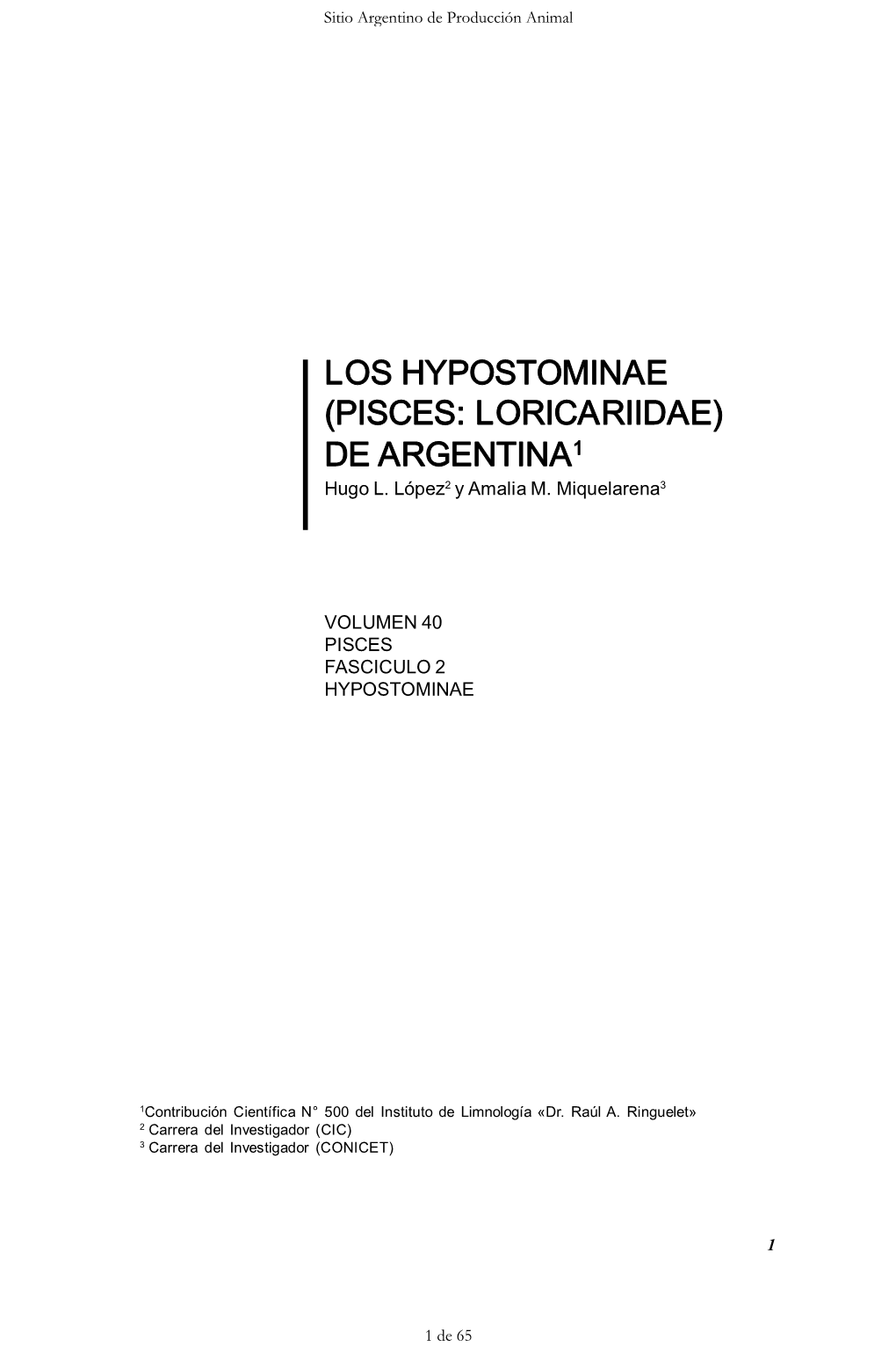 LOS HYPOSTOMINAE (PISCES: LORICARIIDAE) DE ARGENTINA 1 Hugo L