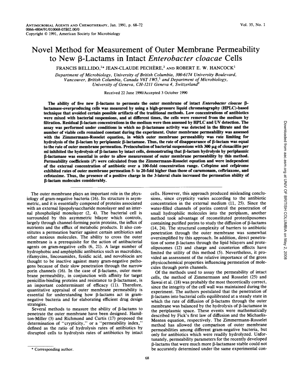 Novel Method for Measurement of Outer Membrane Permeability to New 3-Lactams in Intact Enterobacter Cloacae Cells