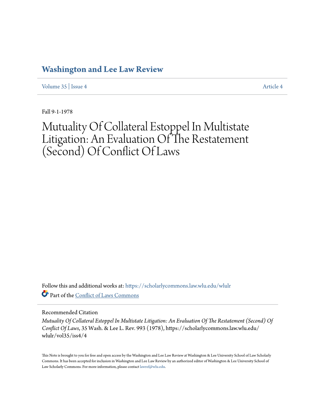 Mutuality of Collateral Estoppel in Multistate Litigation: an Evaluation of the Restatement (Second) of Conflict of Laws