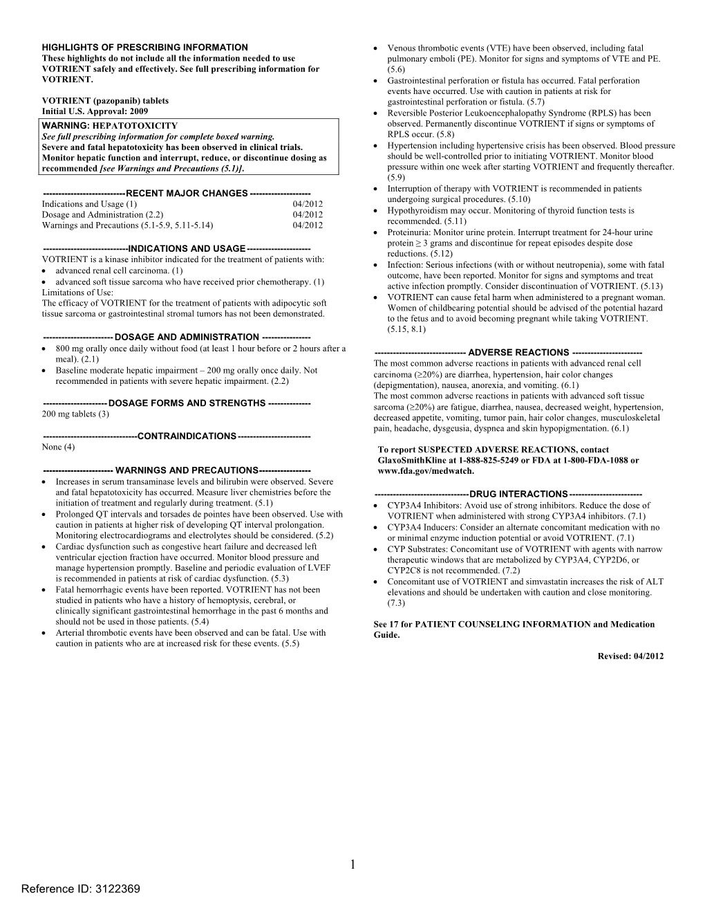 VOTRIENT (Pazopanib) Tablets Gastrointestinal Perforation Or Fistula