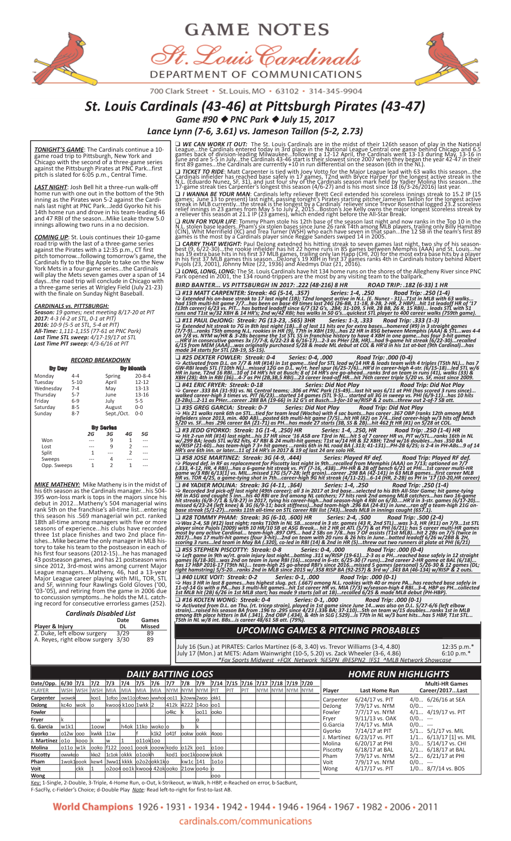 St. Louis Cardinals (43-46) at Pittsburgh Pirates (43-47) Game #90 N PNC Park N July 15, 2017 Lance Lynn (7-6, 3.61) Vs