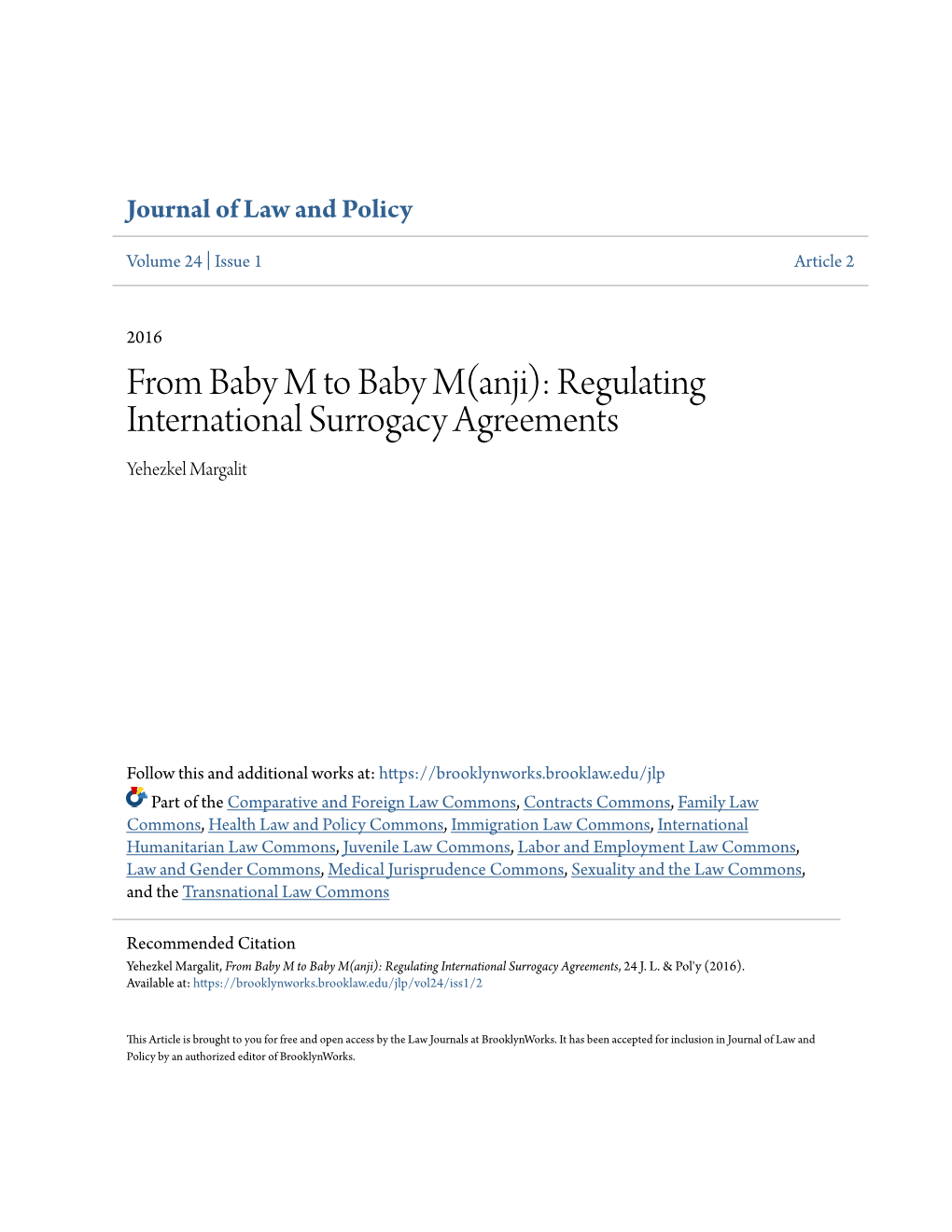 Regulating International Surrogacy Agreements Yehezkel Margalit