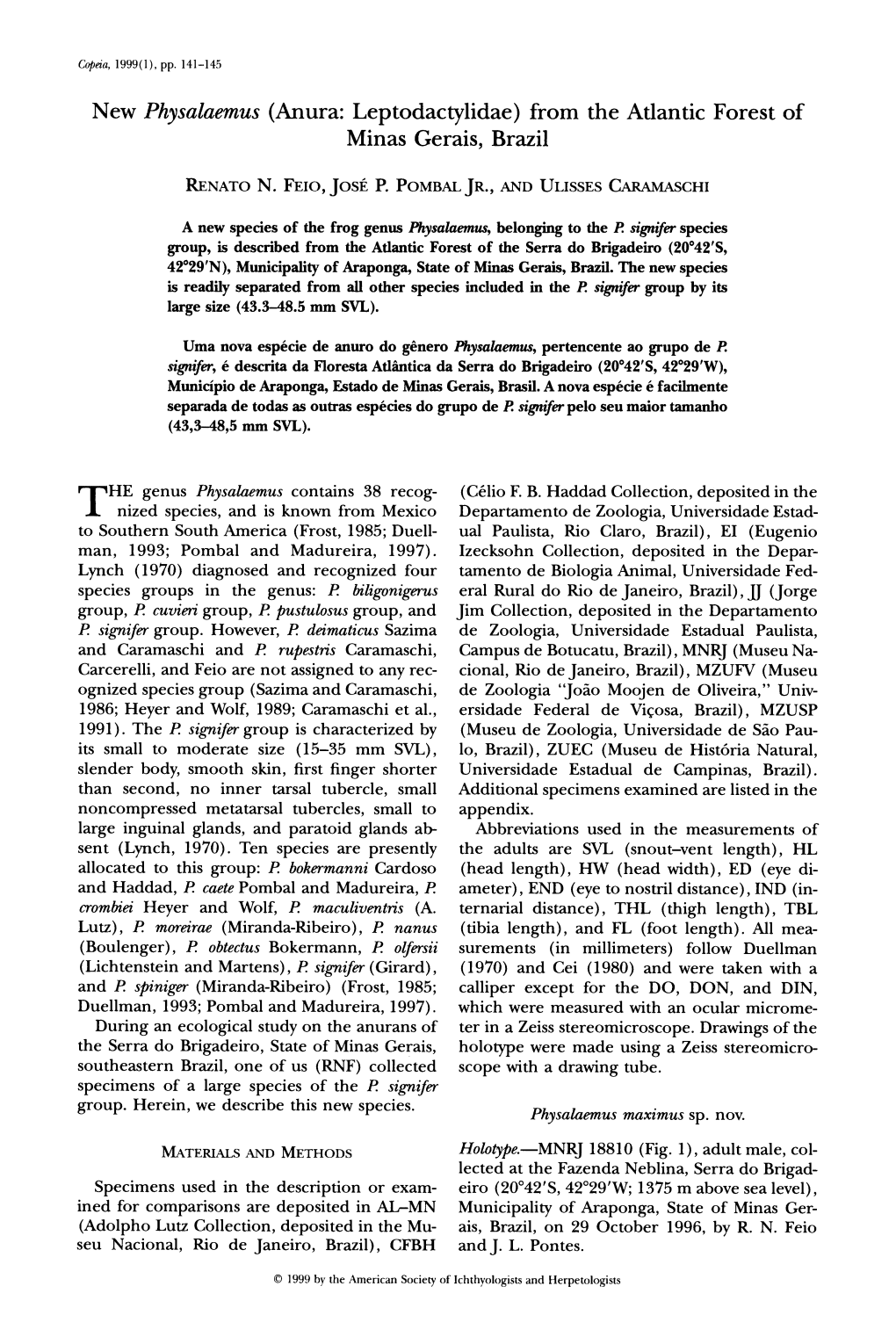 New Physalaemus (Anura: Leptodactylidae) from the Atlantic Forest of Minas Gerais, Brazil