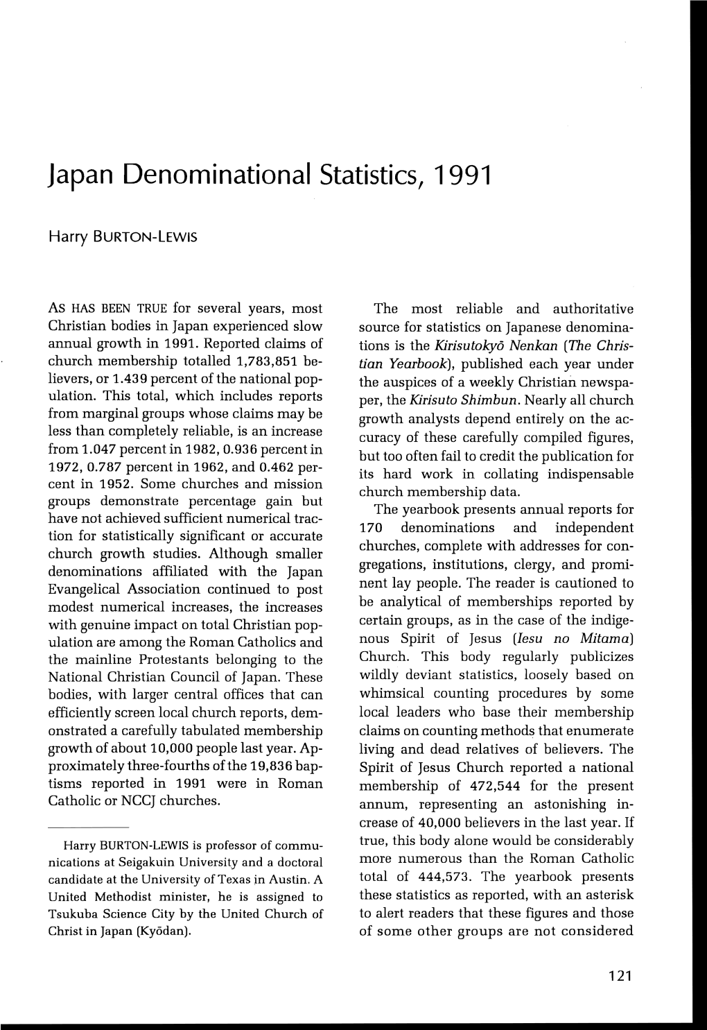Japan Denominational Statistics, 1991