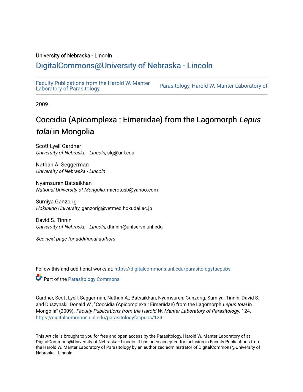 Coccidia (Apicomplexa : Eimeriidae) from the Lagomorph Lepus Tolai in Mongolia