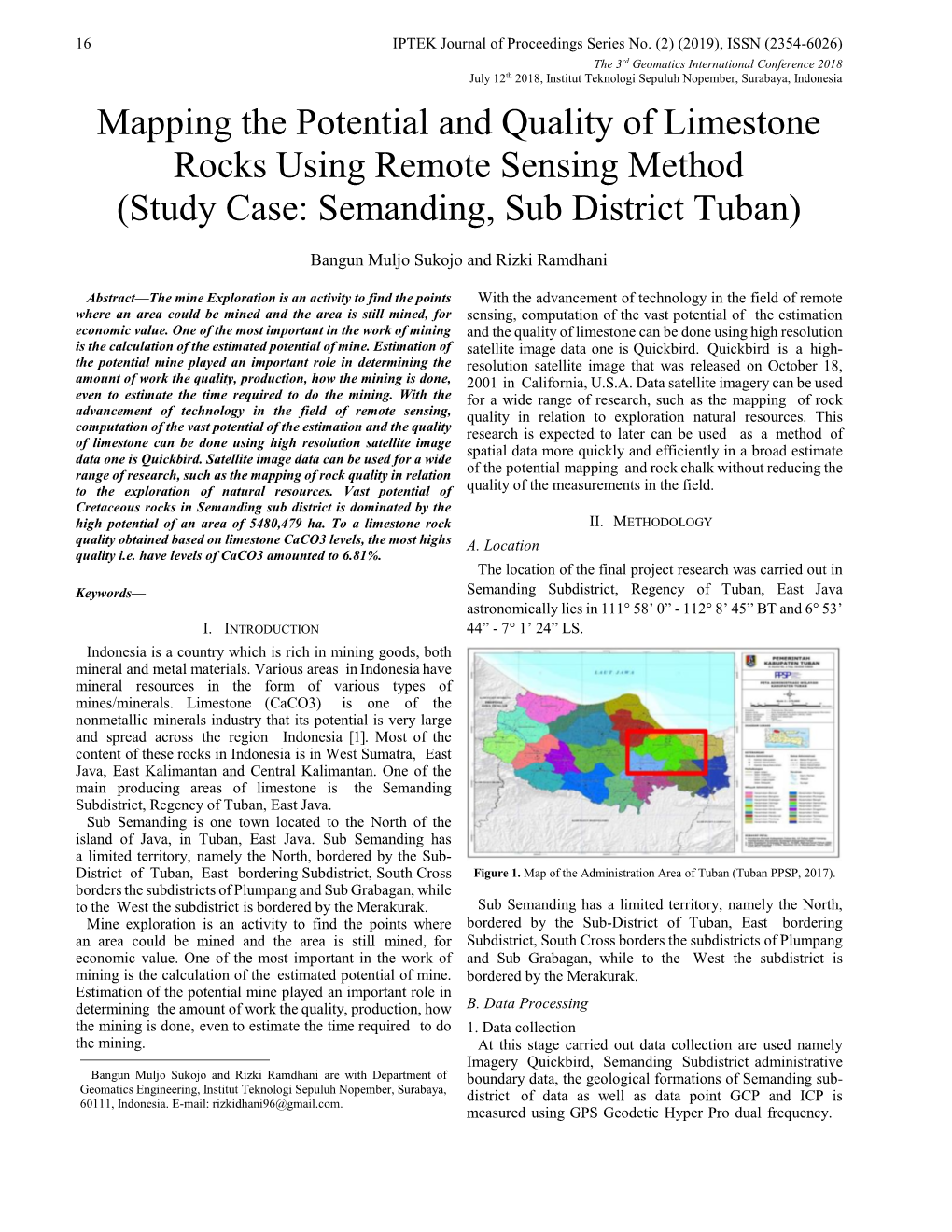 Mapping the Potential and Quality of Limestone Rocks Using Remote Sensing Method (Study Case: Semanding, Sub District Tuban)