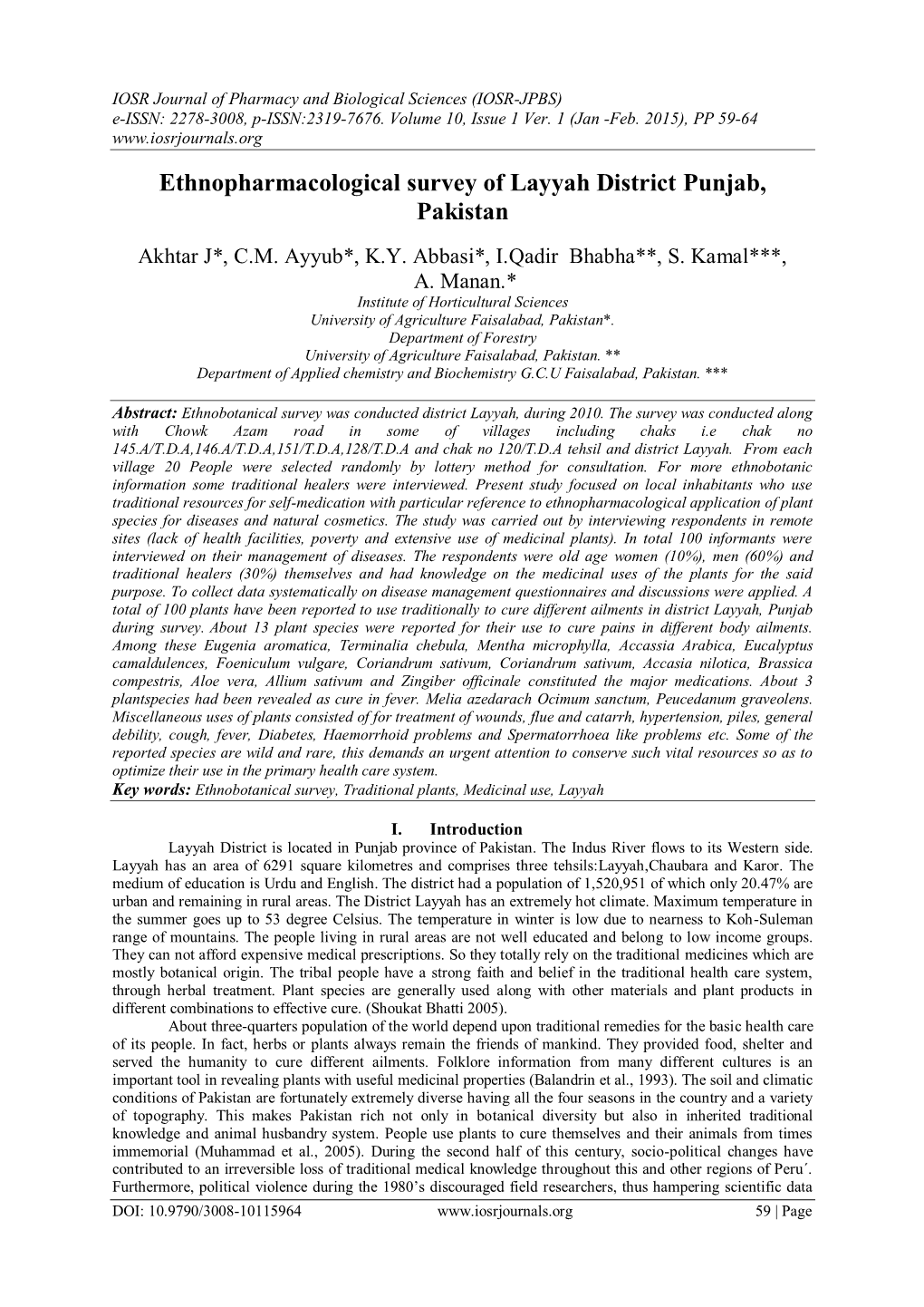 Ethnopharmacological Survey of Layyah District Punjab, Pakistan