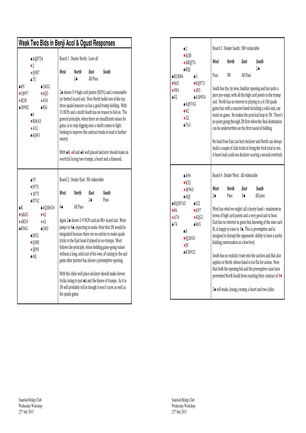 Weak Two Bids in Benji Acol & Ogust Responses