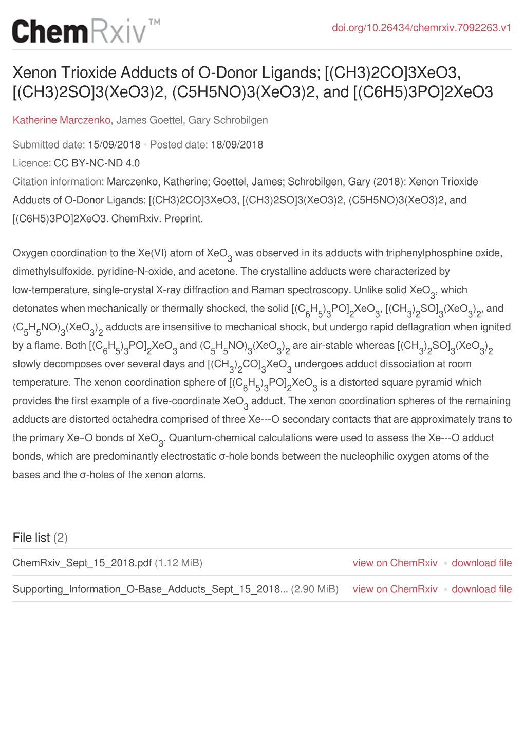 Xenon Trioxide Adducts of O-Donor Ligands; [(CH3)2CO]3Xeo3, [(CH3)2SO]3(Xeo3)2, (C5H5NO)3(Xeo3)2, and [(C6H5)3PO]2Xeo3