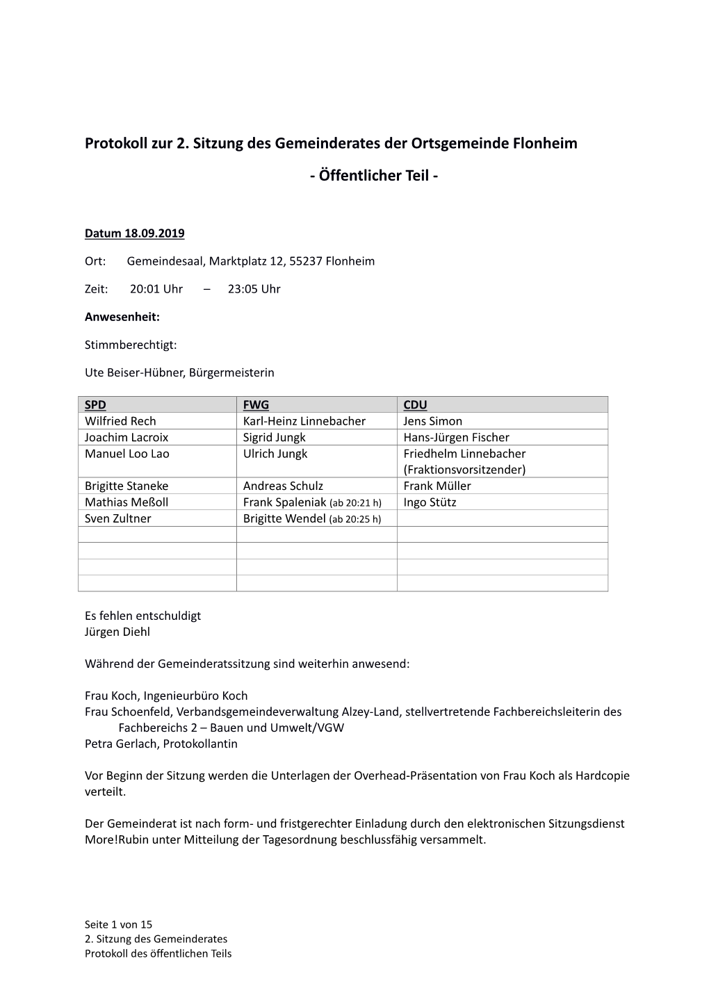 Protokoll Zur 2. Sitzung Des Gemeinderates Der Ortsgemeinde Flonheim - Öffentlicher Teil