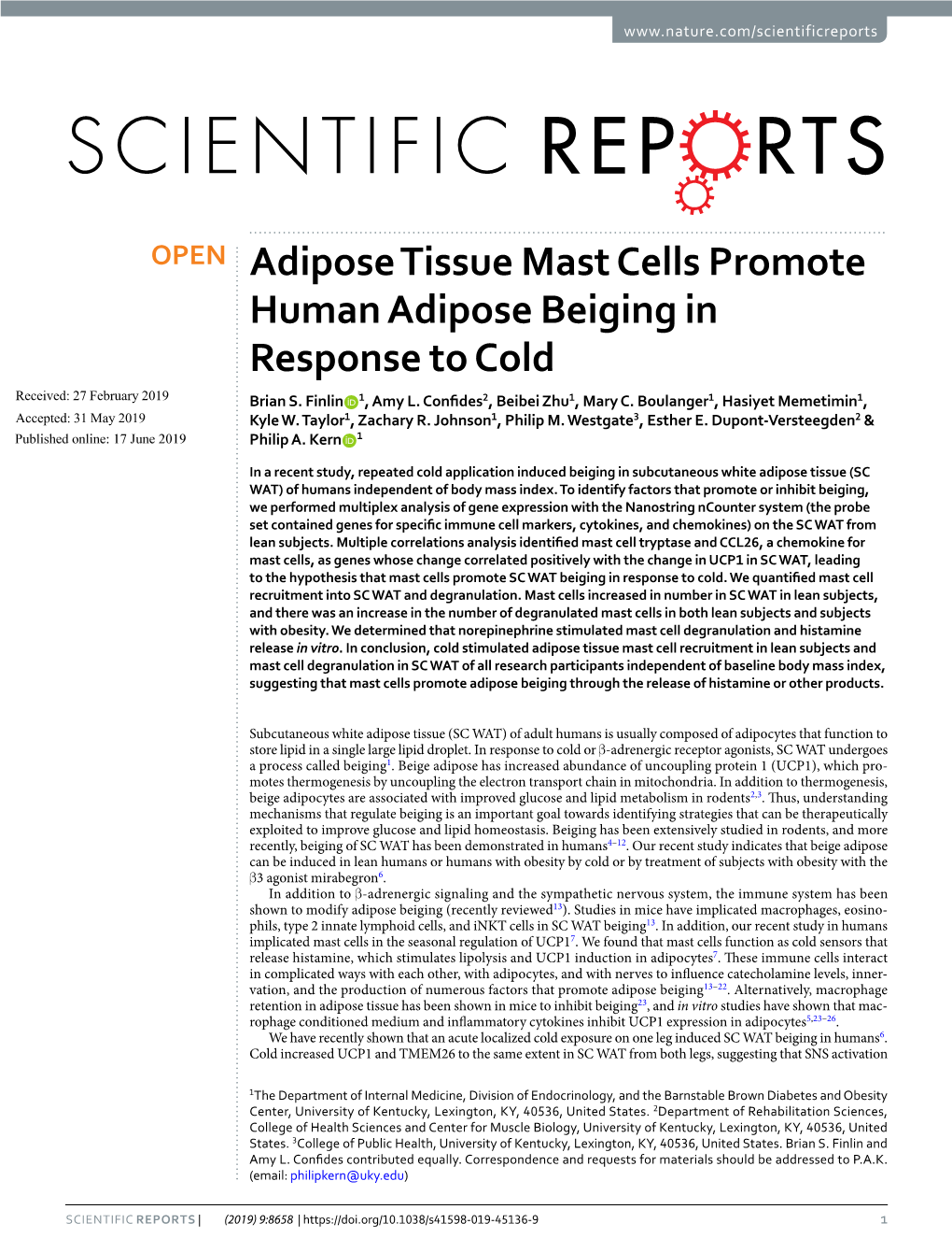 Adipose Tissue Mast Cells Promote Human Adipose Beiging in Response to Cold Received: 27 February 2019 Brian S