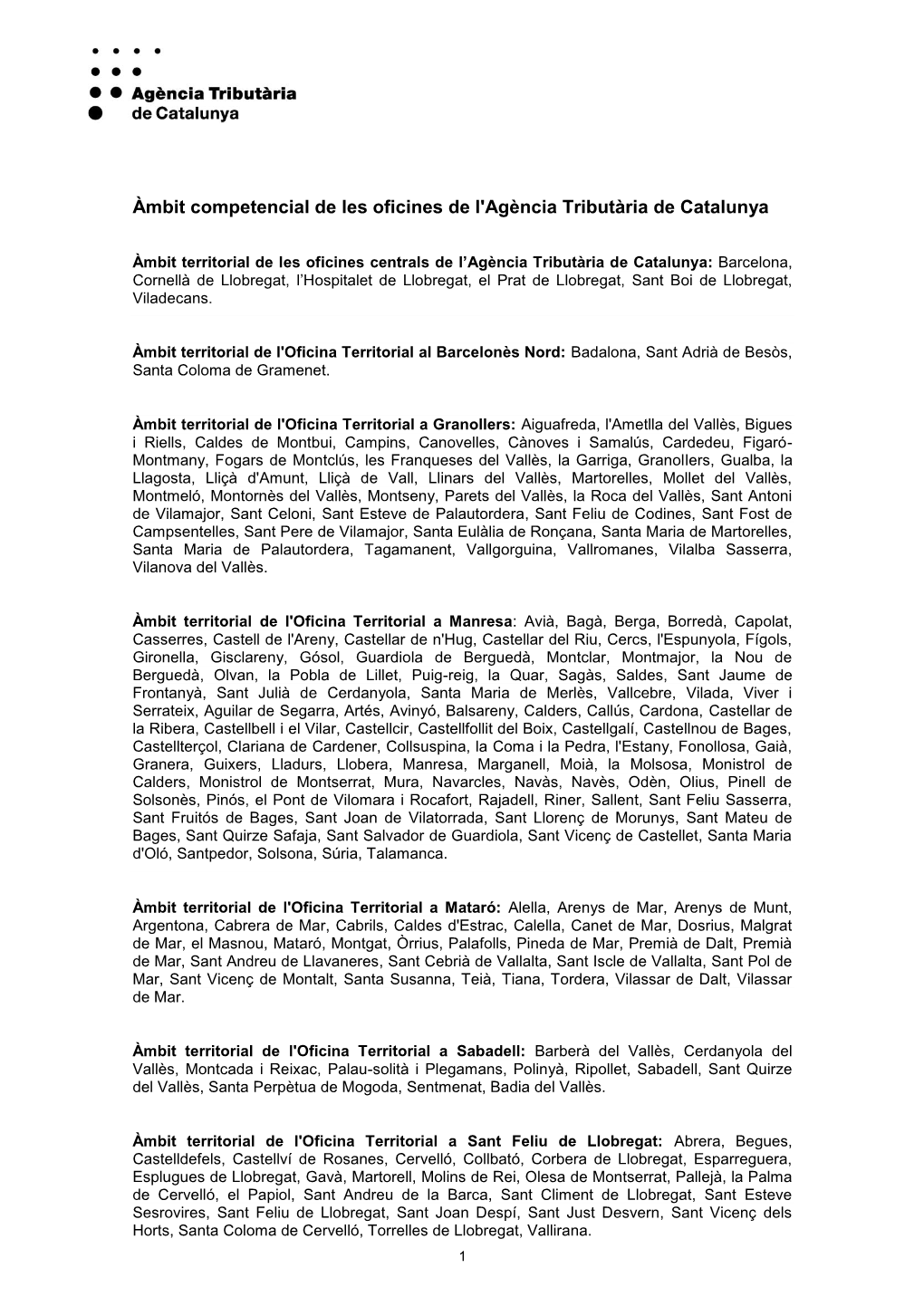 Àmbit Competencial De Les Oficines De L'agència Tributària De Catalunya