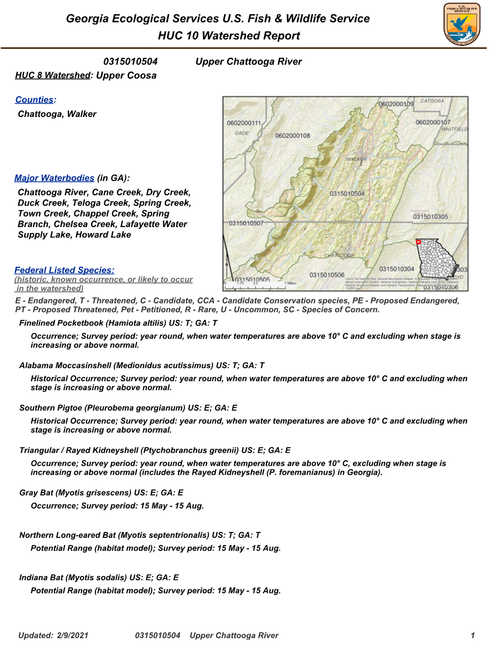 0315010504 Upper Chattooga River HUC 8 Watershed: Upper Coosa