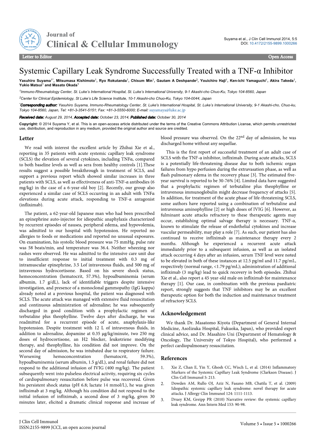 Systemic Capillary Leak Syndrome Successfully Treated with a TNF-A