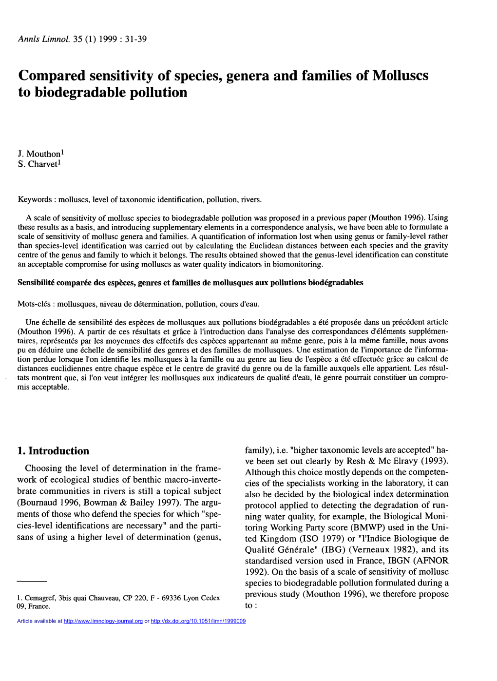 Compared Sensitivity of Species, Genera and Families of Molluscs to Biodegradable Pollution