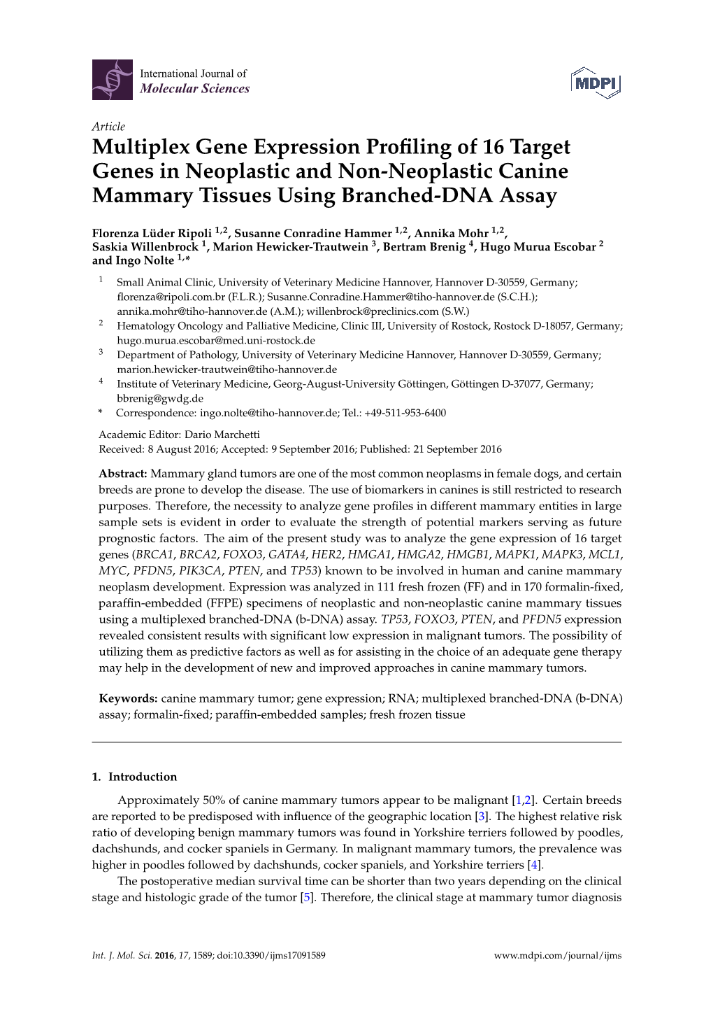 Multiplex Gene Expression Profiling of 16 Target Genes in Neoplastic And