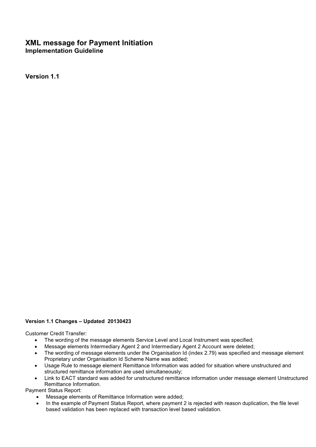 XML Message for Payment Initiation Implementation Guideline