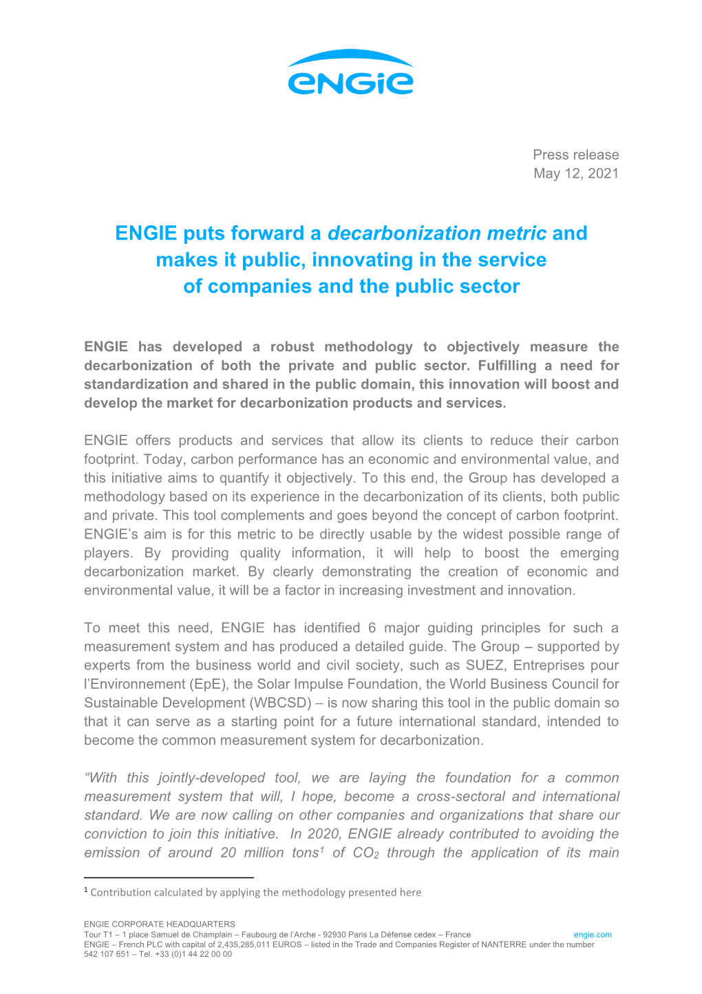 ENGIE Puts Forward a Decarbonization Metric and Makes It Public, Innovating in the Service of Companies and the Public Sector