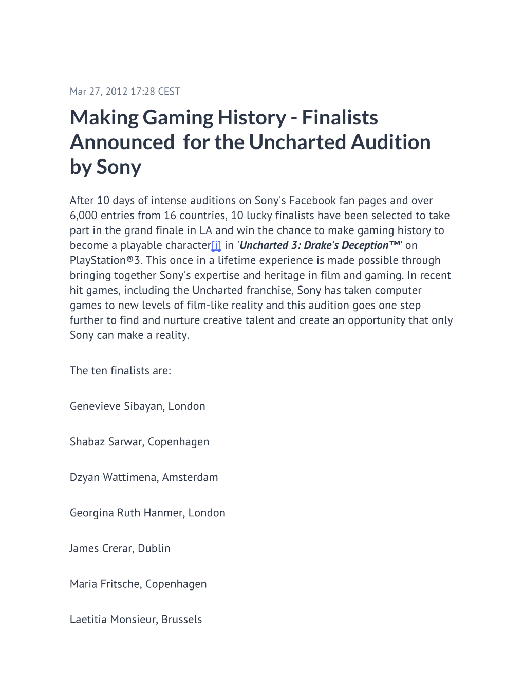 Finalists Announced for the Uncharted Audition by Sony