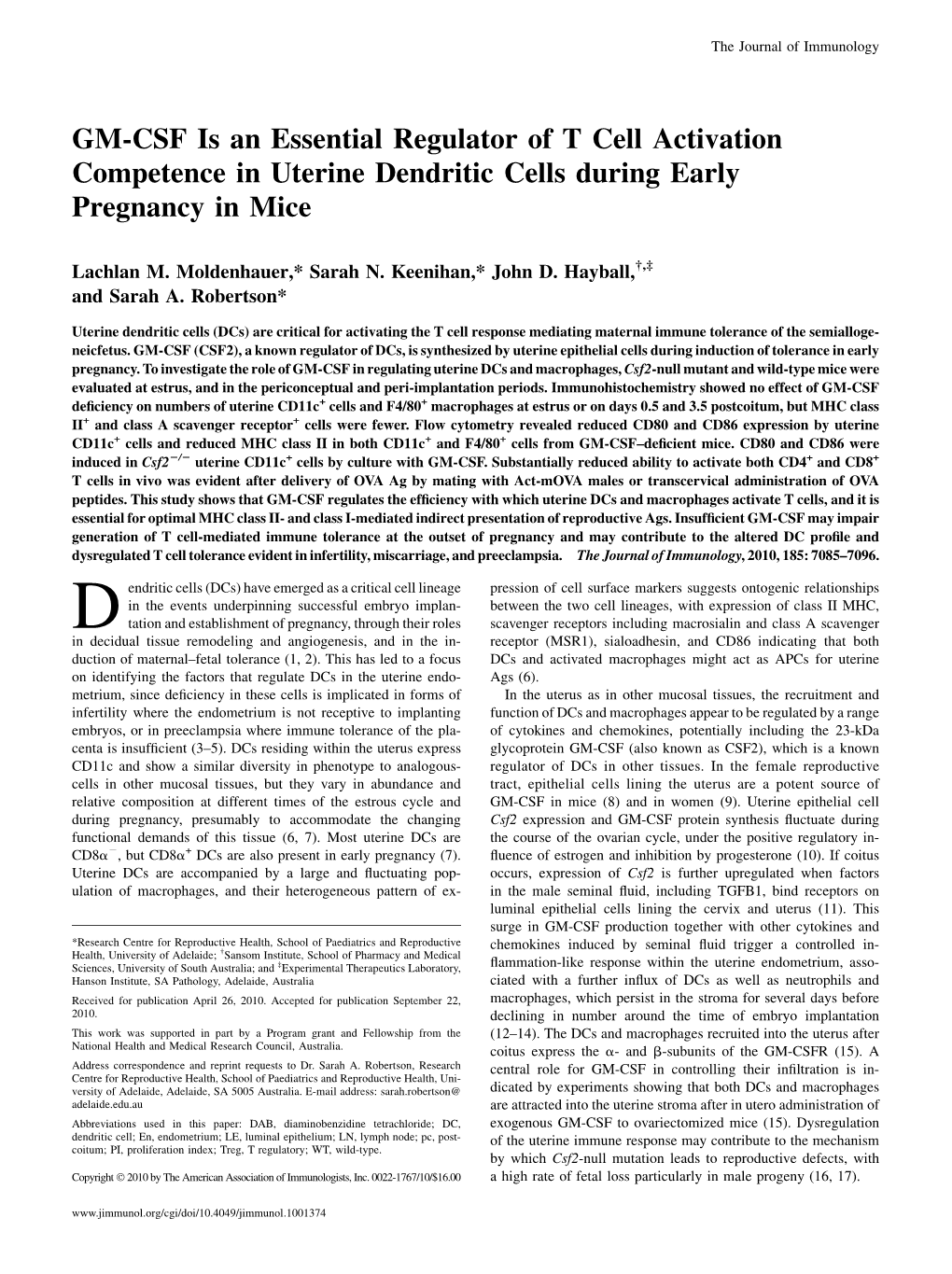 Cells During Early Pregnancy in Mice Activation Competence in Uterine