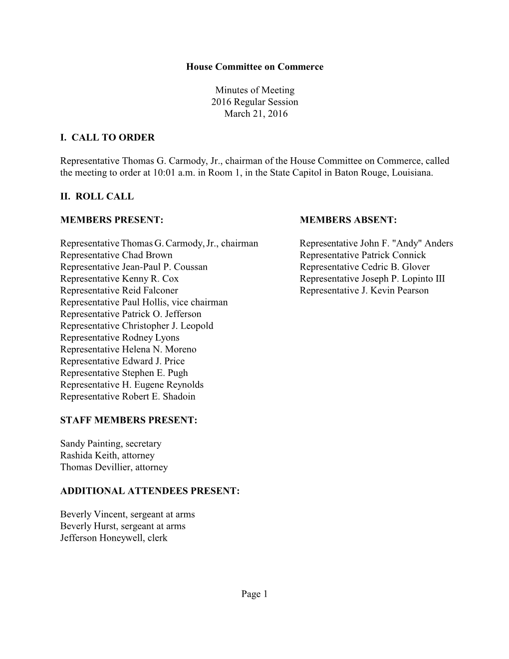 House Committee on Commerce Minutes of Meeting 2016 Regular