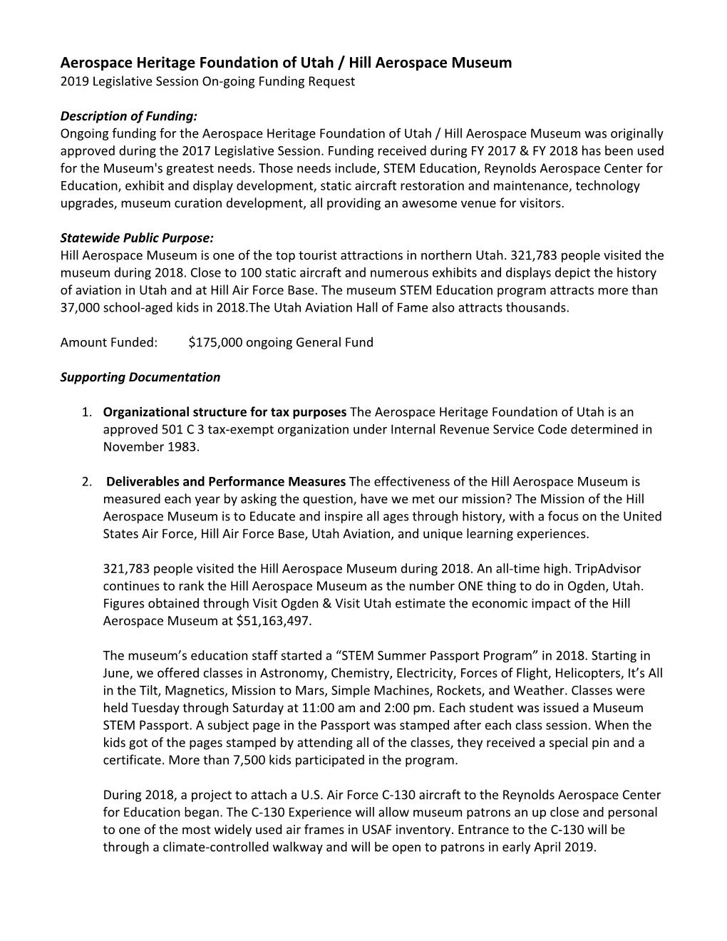 Aerospace Heritage Foundation of Utah / Hill Aerospace Museum 2019 Legislative Session On‐Going Funding Request