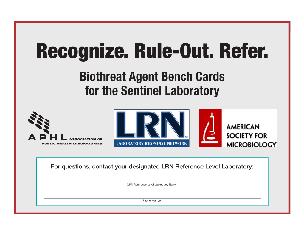 Biothreat Agent Bench Cards for the Sentinel Laboratory