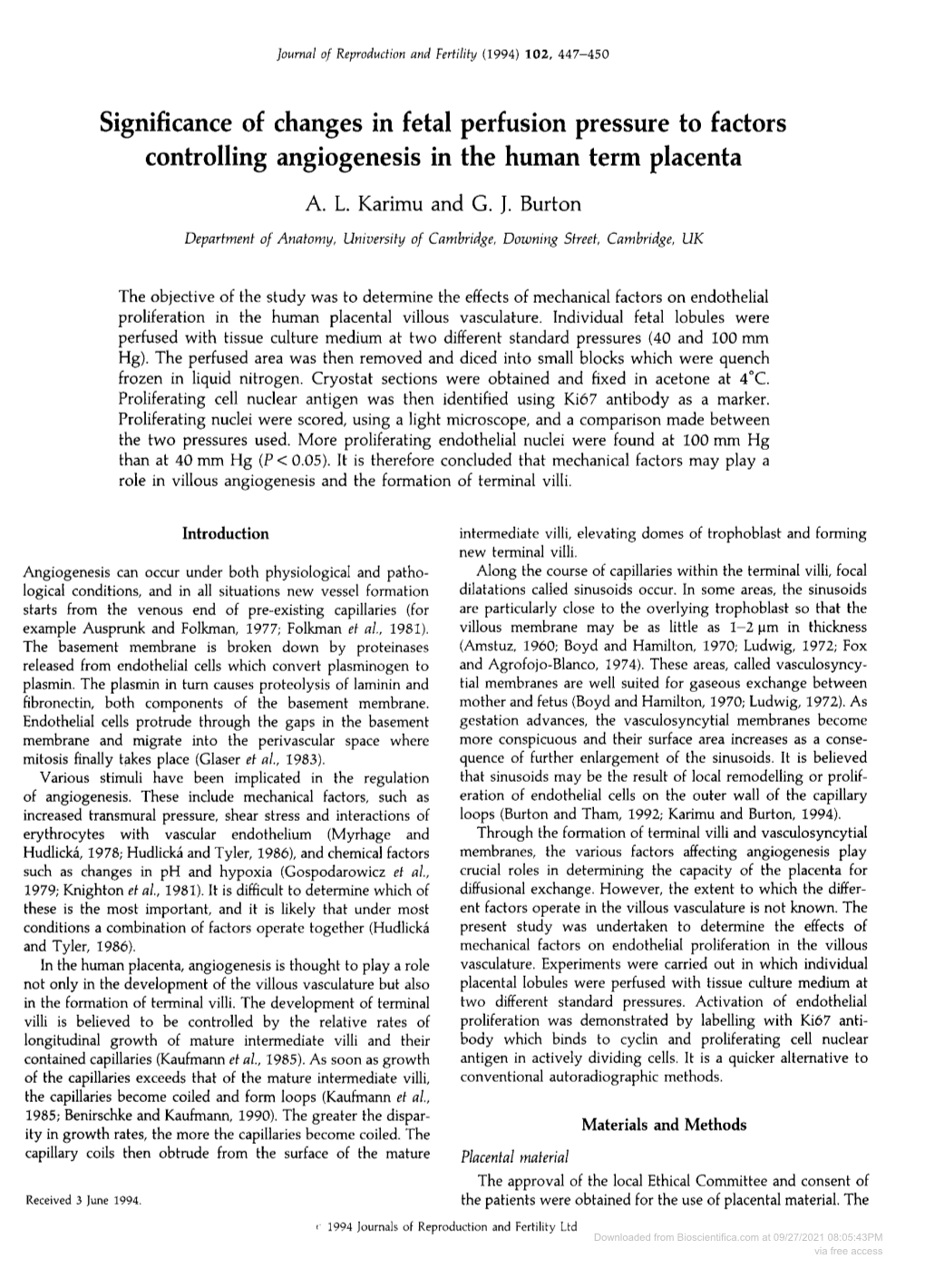 Significance of Changes in Fetal Perfusion Pressure to Factors Controlling Angiogenesis in the Human Term Placenta A