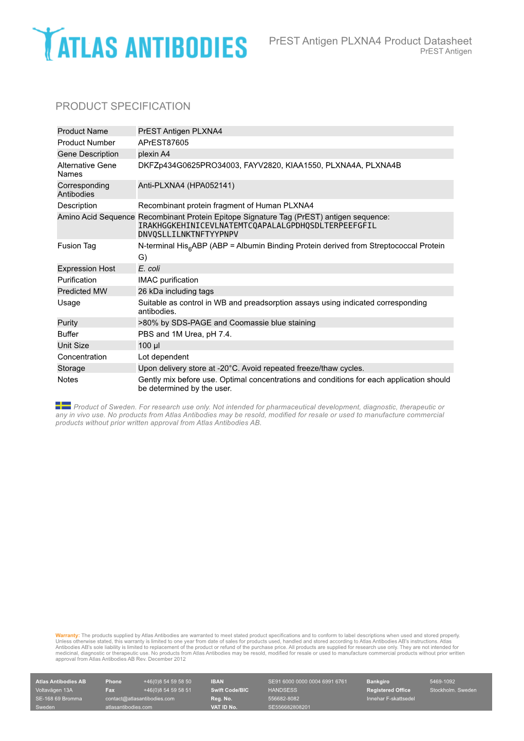 PRODUCT SPECIFICATION Prest Antigen