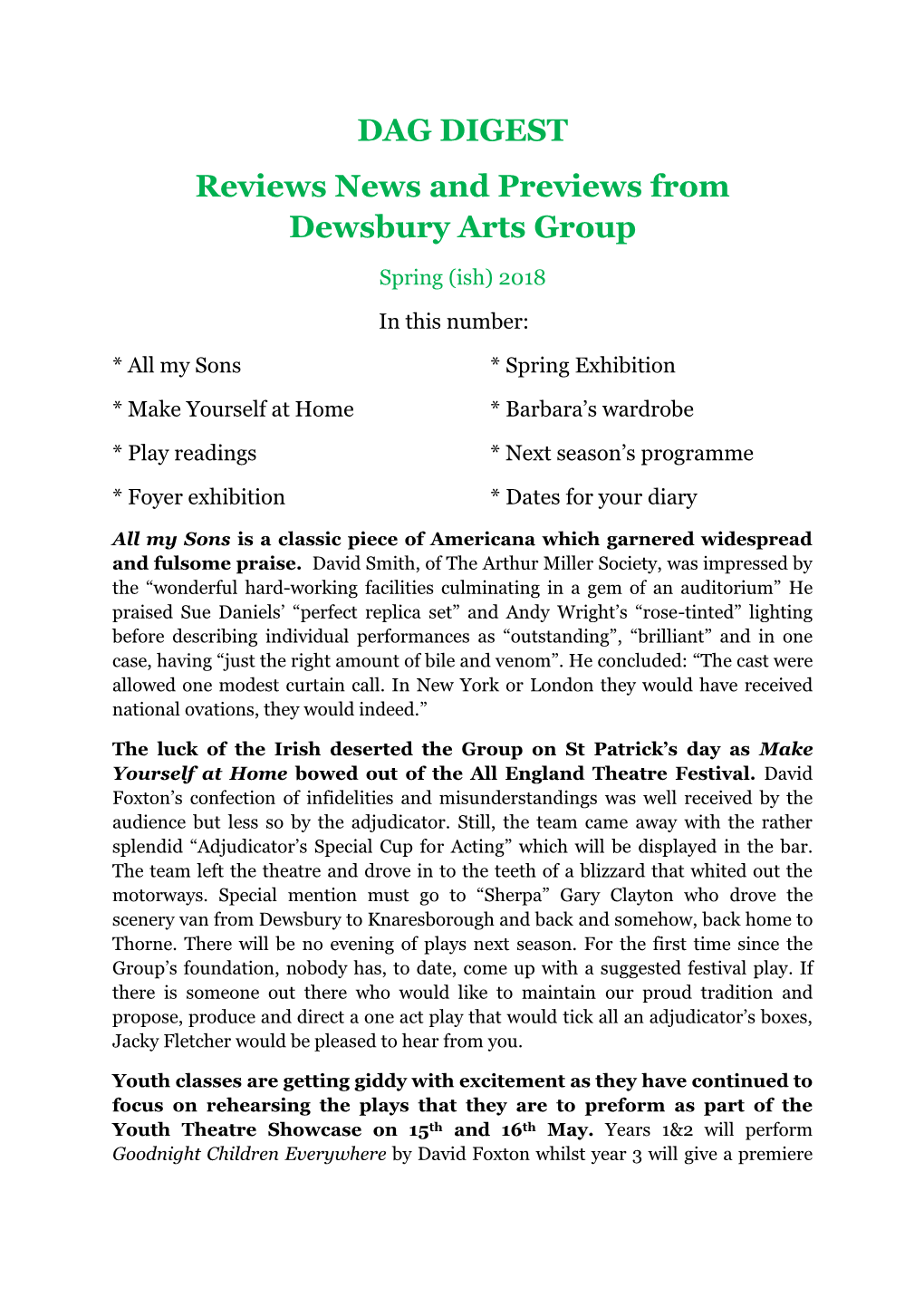 DAG DIGEST Reviews News and Previews from Dewsbury Arts Group