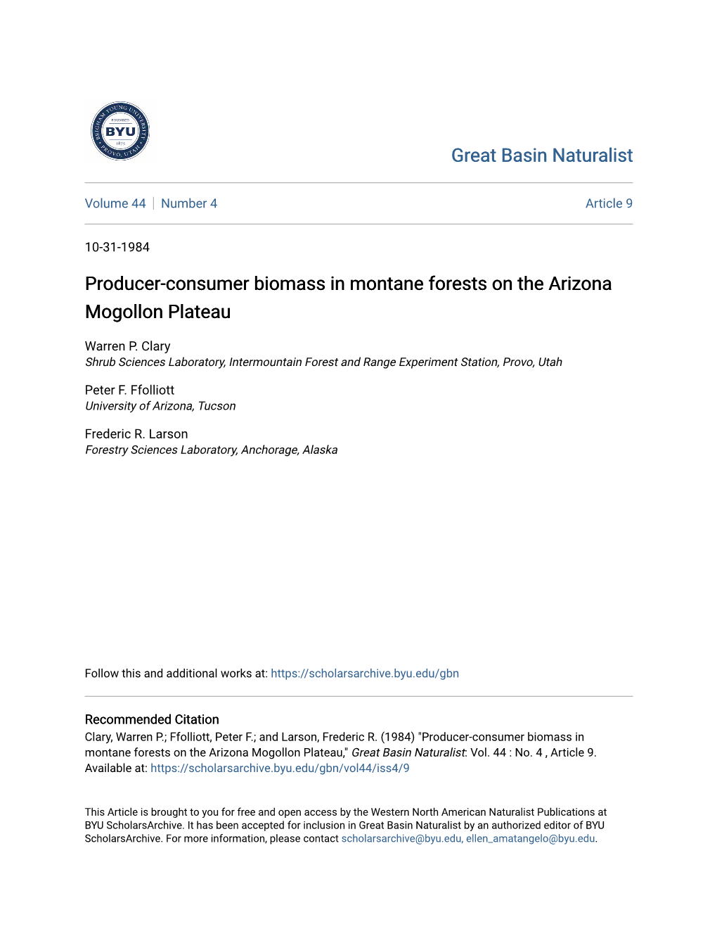 Producer-Consumer Biomass in Montane Forests on the Arizona Mogollon Plateau