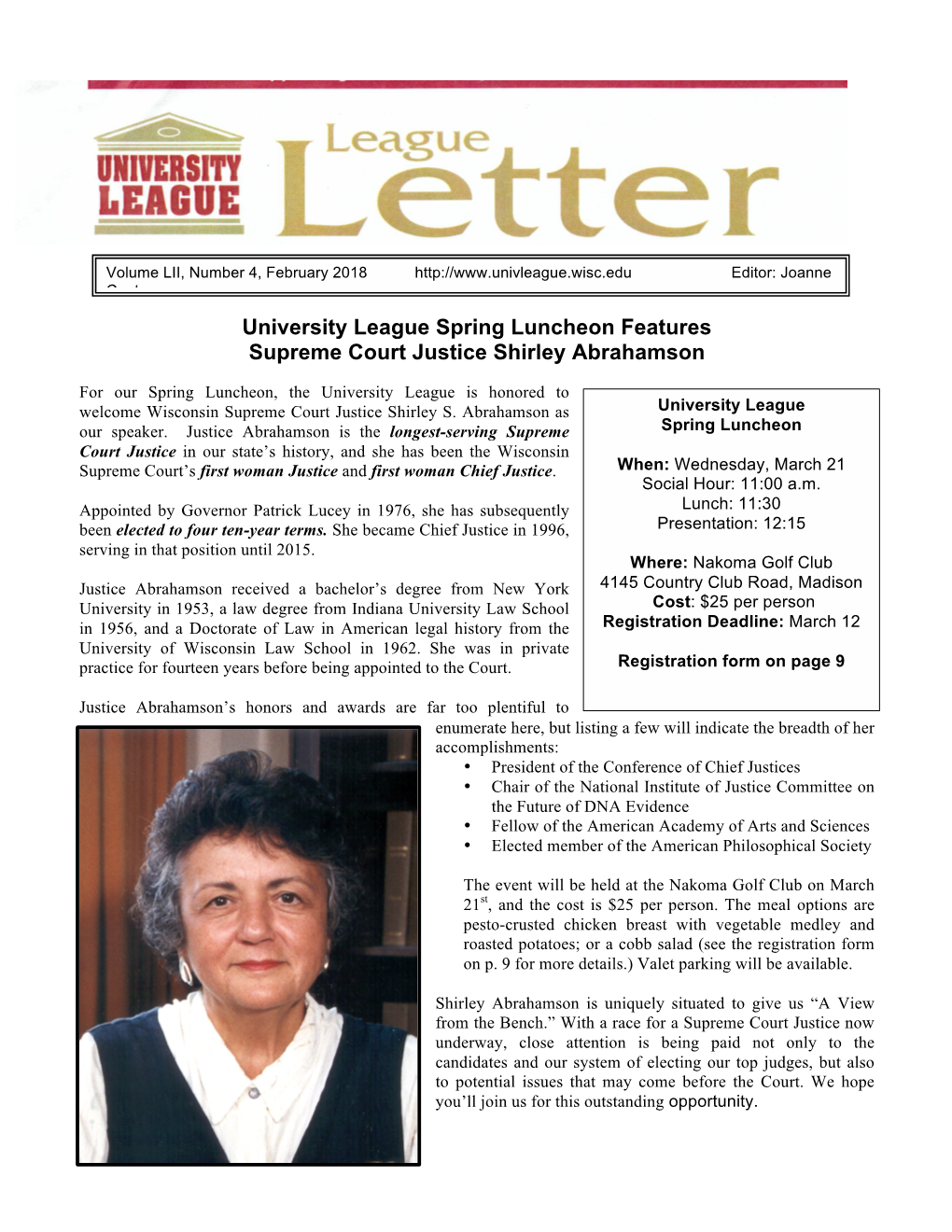 University League Spring Luncheon Features Supreme Court Justice Shirley Abrahamson